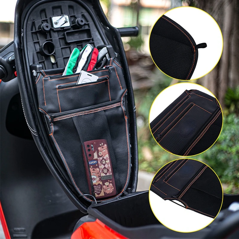 Image of Premium PU Leather Motorcycle Seat Bag with Zipper Closure – Durable Tool Storage & Sundries Organizer for Scooters and Motorcycles