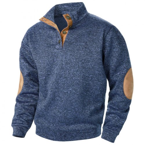 Immagine di Felpa Autunnale da Uomo Patchwork con Cappuccio e Collo alla Coreana, Pullover Vintage con Bottoni in Colore a Contrasto