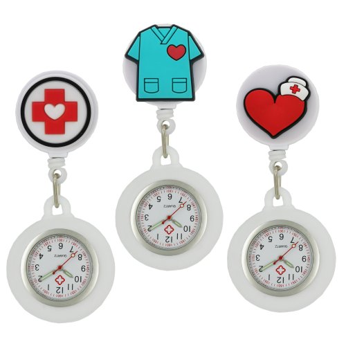Image of Adorable Nurse-Themed Retractable Pocket Watch with Medical Badge Reel, Love Heart Design, Stethoscope & Syringe Clips for Healthcare Professionals