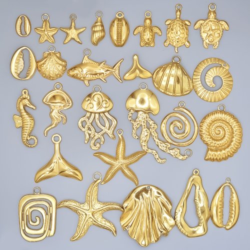 Immagine di Ciondoli Naturali da Mare in Oro Placcato: Tartaruga, Conchiglie e Stella Marina – Set di 6 Pezzi per Creazioni Artigianali di Gioielli