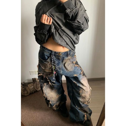 Image of Retro Harajuku Style Distressed Wash Women's Loose Fit Jeans – Vintage Heavy Industry Inspired Casual Streetwear Denim Pants
