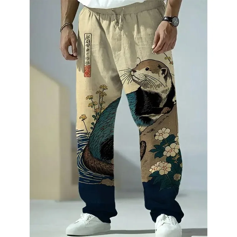 Image of Japanese Harajuku Style Wide Leg Pants with Fox and Raccoon Prints – Men's Casual Summer Trousers for Streetwear & Urban Fashion