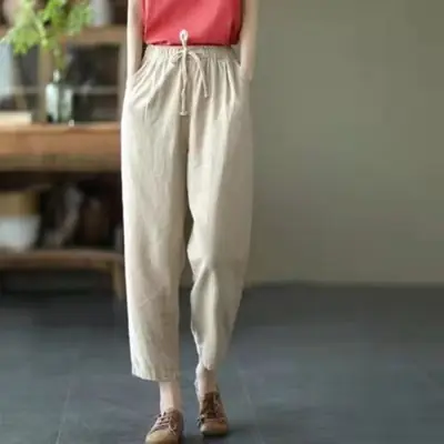 Image de Pantalon Sarouel Femme Vintage Coton Lin Taille Haute