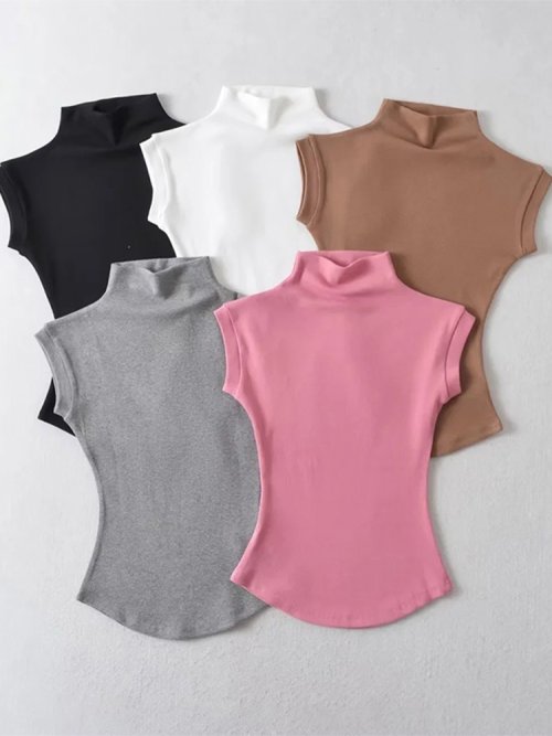 Imagen de Camisetas sin Mangas con Cuello Alto para Mujer - Tops Sexys de Verano, Jerséis Ajustados Lisos, Camisetas Informales y Básicas para Ropa de Calle