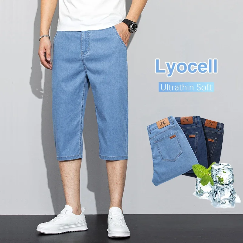 Imagen de Pantalones Cortos Vaqueros para Hombre de Verano en Lyocell, Estilo Clásico y Elástico, Azul y Gris, Informales y Ligeros para Ocasiones Casuales y de Negocios