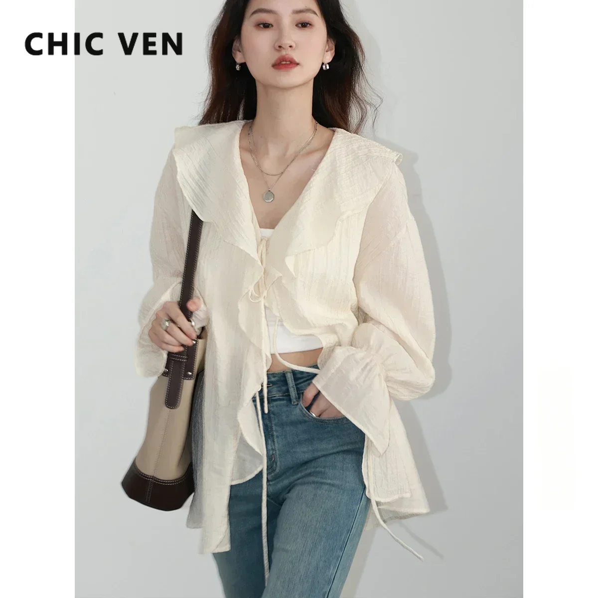Image de Chemise Femme Volants Col V Lacets - Style Chic & Décontracté