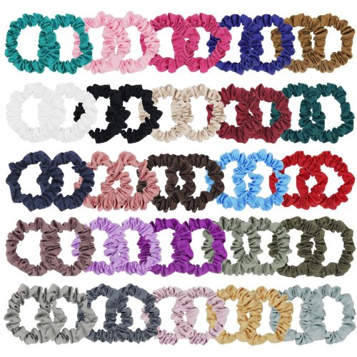 Afbeelding van 25-kleurige set van 12 satijnen scrunchies – zachte elastische haarbanden voor paardenstaart en haarstijl, zwart mix kleuren, perfecte haaraccessoire voor dagelijks gebruik