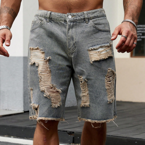 Image of Men's Summer Stretch Denim Shorts – Retro High Street Style Slim Fit Cotton Spliced Design Jean Shorts