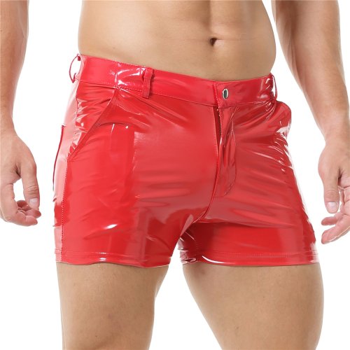 Image of Fashion Men's Shiny PVC Leather Shorts Latex Nightclub Stage Short Pants Zipper Men Club Party Dance Casual Shorts with Pockets