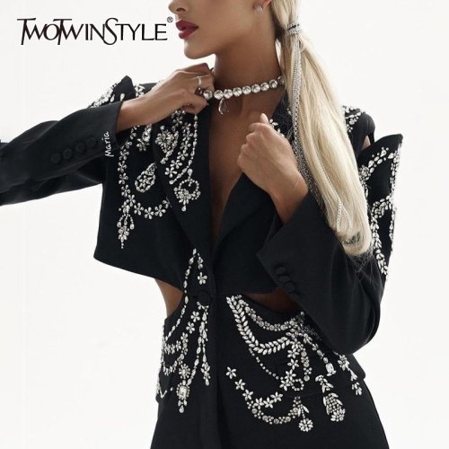 Imagen de Blazer de Diamantes con Diseño de Retazos en Estilo Twotwinstyle para Mujer, Cuello con Muescas, Manga Larga, Botón Empalmado, Chaqueta Elegante y Moderna