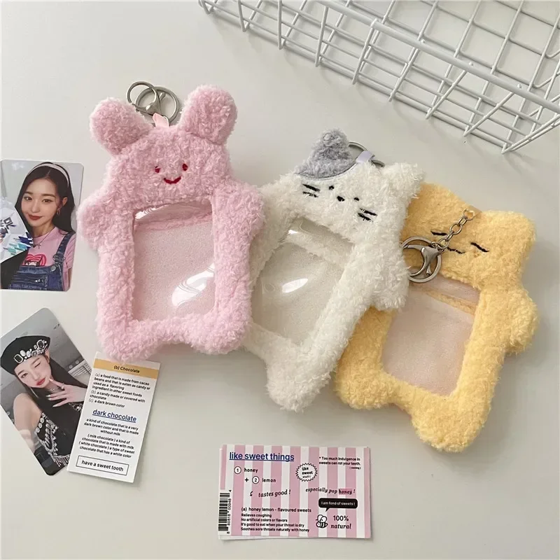 Image of Kawaii Cartoon Plush ID Card Holder Keychain with Photocard Display Stand – Adorable Korean Desk Accessory for KPOP Fans and Idol Collectors