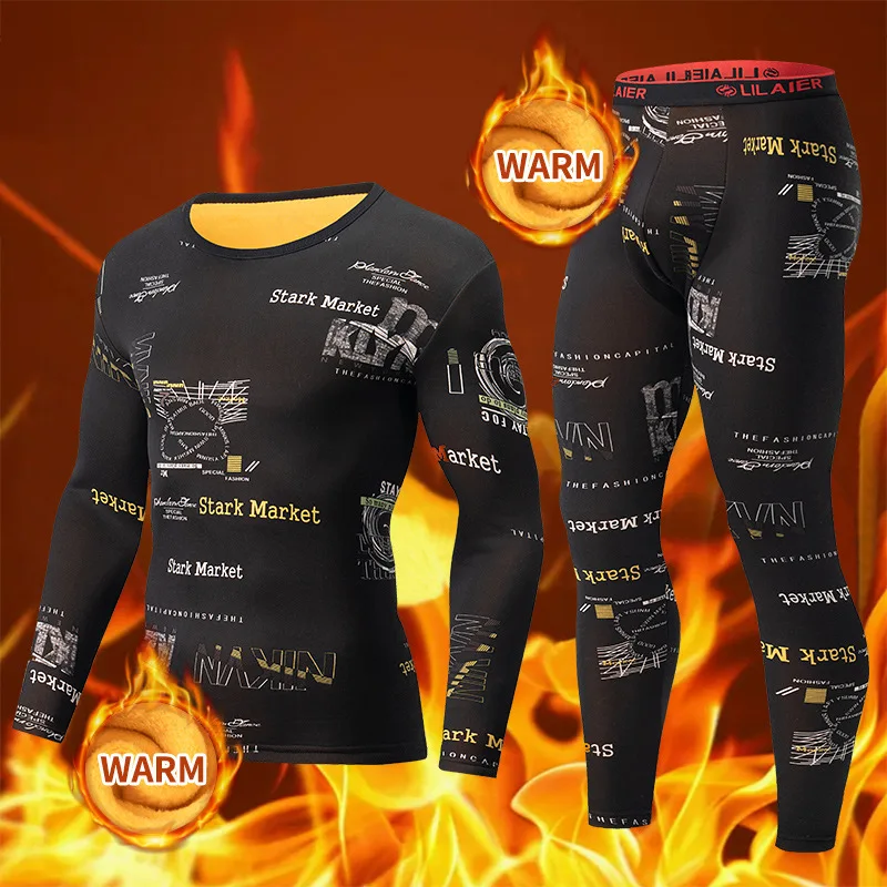 Immagine di Set di Intimo Termico Uomo con Stampa in Pile Dorato Spesso: Abbigliamento Caldo e alla Moda per la Casa, Indumenti Notturni Comodi Realizzati in Cina