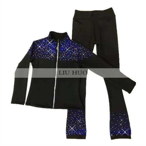 Image of LIUHUO New Ice Figure Skating Jacket Pants Women Girl Trousers Top Black Teens Children Kids Colored Blue Rhinestones Training