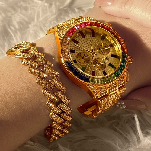 Immagine di Orologio da donna al quarzo stile hip hop con bracciale cubano di lusso, set di catene con strass, orologio da polso elegante e fashion, regalo perfetto per lei