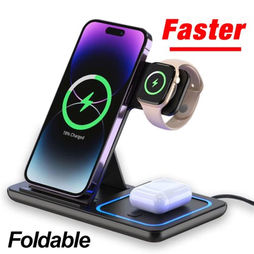 Bild von 3-in-1 Faltbare Kabellose Ladestation mit 30 W Schnellladefunktion für iPhone 16, 15, 14, 13, 12 Pro Max, Apple Watch Ultra und AirPods Pro – Kompatibles Dock für effizientes und schnelles Laden