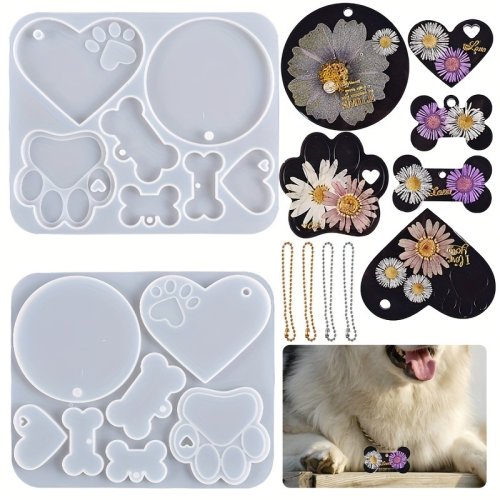 Image de Moules Silicone pour Résine Époxy - Chien, Os, Coeur & Étiquettes