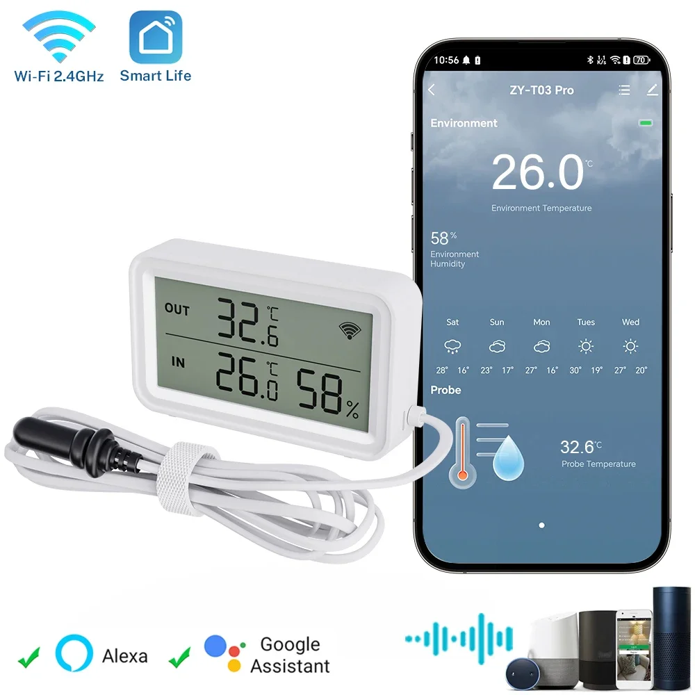 Imagen de Sensor de Temperatura y Humedad Tuya WiFi Zigbee con Pantalla LCD y Sonda Externa Compatible con SmartLife