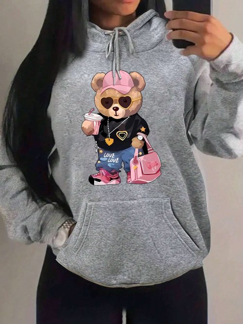 Image of Creative Bear Sister Pattern Fleece Hoodie for Women – Harajuku Style Pocket Pullover, Fun Autumn Sweatshirt with Unique Design