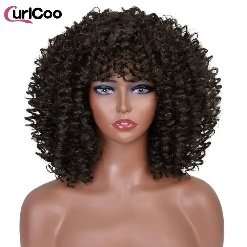 Image de Perruque Afro Courte Bouclée avec Frange - Synthétique Naturel