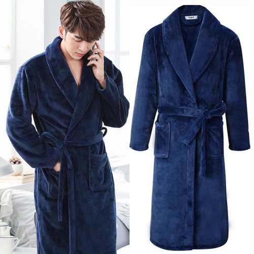 Image of Belt Robe for Men Sleepwear Bathrobe Winter Night Wears Warm Fleece Pajama Solid One Piece Nightgown Pocket Homewear 2025 New