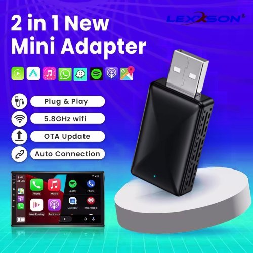 Immagine di Mini adattatore AI Box 2 in 1 cablato a Carplay wireless e Android Auto compatibile con il 99% di auto Smart Dongle WiFi Plug and Play