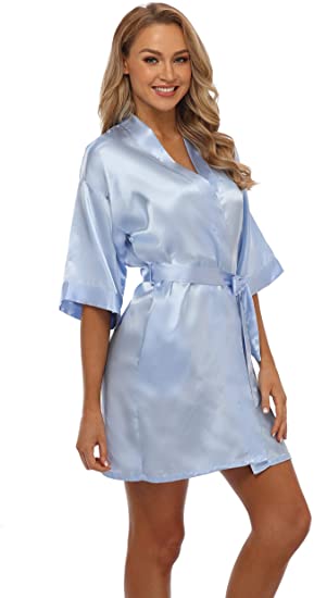 Imagen de Batas de satén sencillas para mujer, Kimono de color rosa, champán y plata, albornoz, pijamas sencillos, bata de fiesta de boda, S-XXL corta