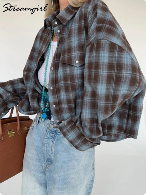 Image de Chemise à Carreaux Oversize Femme - Style Vintage & Confort
