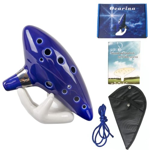 Image of 12-Tone Alto C Ceramic Ocarina Musical Instrument with Songbook, Neck Strap, Carry Bag – Blue