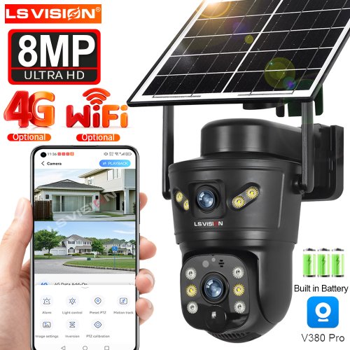 Imagen de Cámara de Seguridad Solar 8MP con Doble Lente, Visión Nocturna y Seguimiento Automático, Wi-Fi 4G, Impermeable para Exterior, CCTV Monitor V380