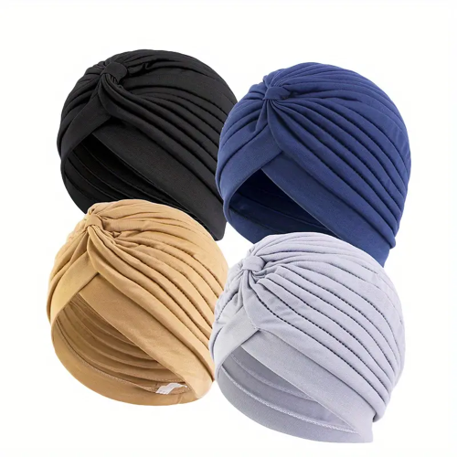 Bild von Einfarbiger 4-teiliger Turban-Set mit elastischer Kopfbedeckung – Modische Chemo-Hüte und Kopftuch für Frauen, Plissee-Kopfumschlag, Casual Headwrap