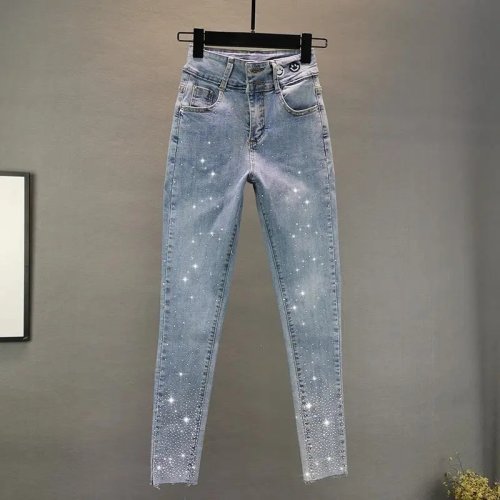 Imagen de Pantalones Vaqueros de Mujer 2025, Modelo Verano Elásticos Ajustados con Detalles de Diamantes, Corte Pitillo para Pierna Pequeña, Estilo Informal y Moderno