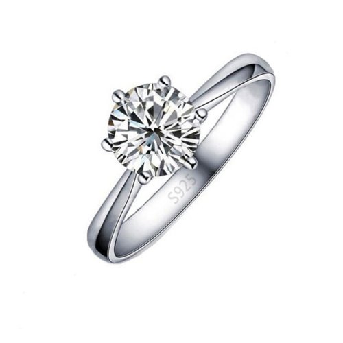 Image of Elegant Classic 925 Sterling Silver Ring with Crystal Cubic Zirconia 6-Prong Setting for Women – Timeless Wedding Band Jewelry