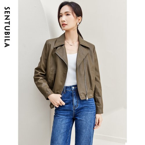 Bild von Sente bila Cropped Pu Leder Bomber jacke Frauen 2023 Herbst Winter Vintage Revers Reiß verschluss Faux Leder Jacke Motorrad Mäntel