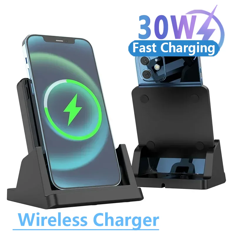 Image of Ultra-Thin 30W Wireless Charging Pad Stand for iPhone 15, 14, 13, 12, Samsung, Xiaomi – Fast Charging Desktop Dock Station with Sleek Design