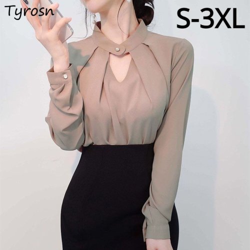 Zdjęcie Solidne bluzki damskie szyfonowe koszule z długim rękawem Slim Hollow seksowne wszystkie mecze podstawowe wiosenne letnie topy cienkie eleganckie kobiece Ins