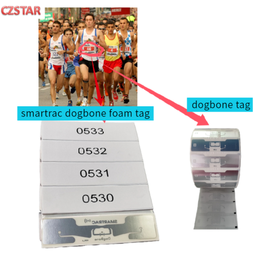 Zdjęcie 50 sztuk dalekiego zasięgu Smartrac Dogbone Uhf Rfid Marathon Timing Chip Impinj R6 M750 chip daleki zasięg UHF RFID Tag naklejka samoprzylepna