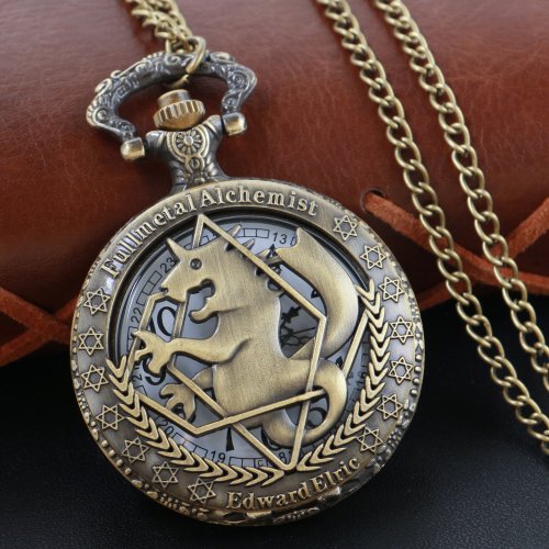 Immagine di Orologio da Tasca Steampunk in Bronzo con Movimento al Quarzo, Design Alchemico e Collana con Ciondolo - Regalo di Natale Unisex per Uomo e Donna