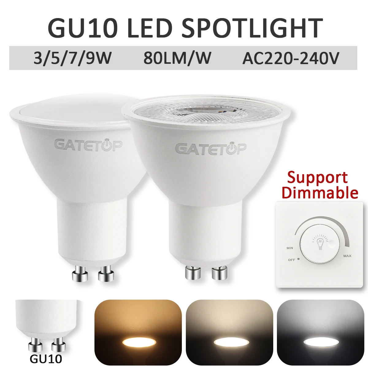 Immagine di Lampadina LED GU10 Dimmerabile 50W 4000K/6000K, 220-240V – Sostituzione Alogena per Illuminazione a Binario e Paesaggistica, Confezione da 10 Pezzi