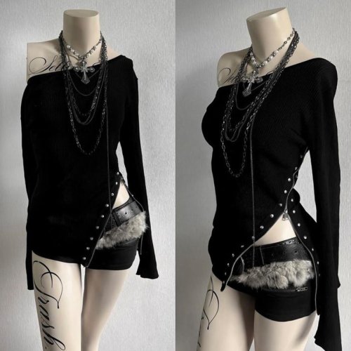 Afbeelding van Gothic Y2K Dames T-Shirt met Lange Mouwen, Sexy Slim Fit, Chic Slash Neck en Rits Ontwerp – Crop Top in Rock, Punk en Hip Hop Stijl voor Vrouwen