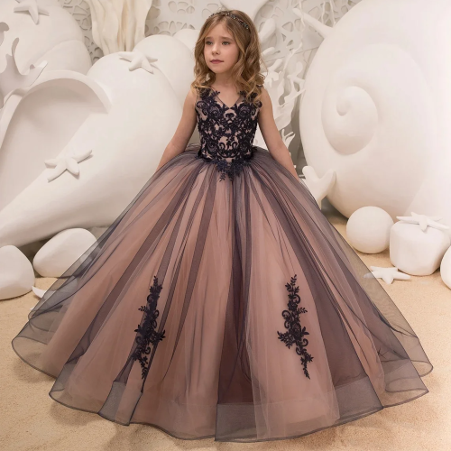 Image of Elegant Red Satin Beaded Floor-Length Flower Girl Dress with Black Applique Details for Pageants, First Communion, and Special Occasions