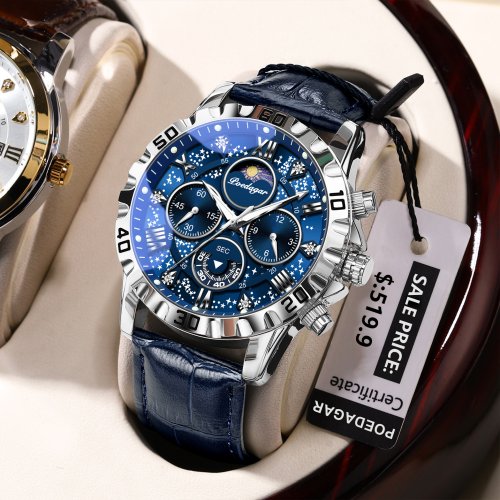 Immagine di Orologio da Uomo di Lusso Poedagar con Cronografo, Cinturino in Pelle e Movimento al Quarzo – Impermeabile e Luminoso per Attività All'Aperto