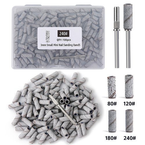 Immagine di Bande Abrasive per Unghie da 3 mm con Grana 80, 120, 180, 240 – Mini Punta da Trapano per Lima Elettrica, Accessorio Professionale per Manicure e Lucidatura, Confezione da 50 o 100 Pezzi