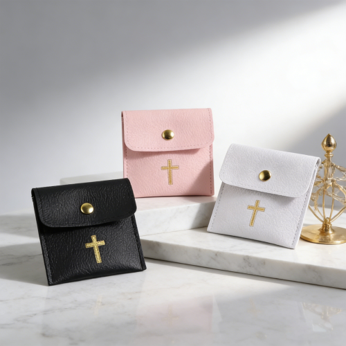 Image of Elegant Leather Rosary Pouch with Gold Cross Imprint – Premium Jewelry Travel Case for Religious Accessories