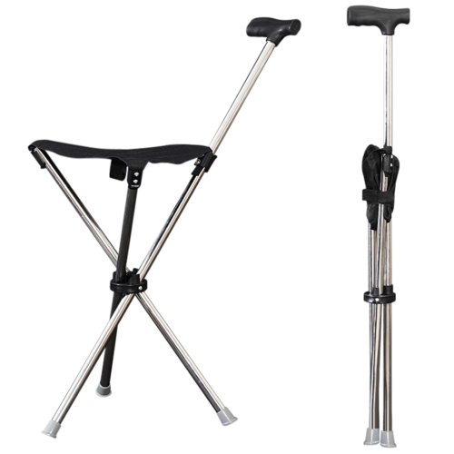 Immagine di Canna regolabile Sedile facile da trasportare Sgabello portatile Sedia pieghevole Maniglia antiscivolo Bastone da passeggio super leggero per passeggiate all'aperto
