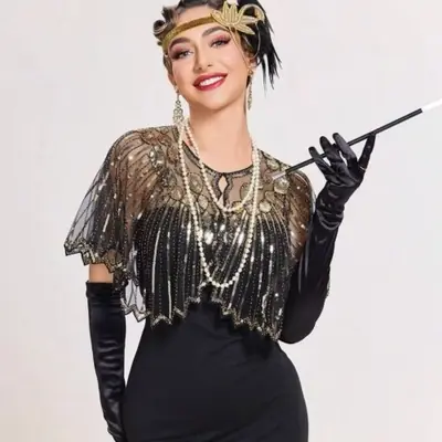 Image de Châle Vintage Années 1920 Paillettes & Franges