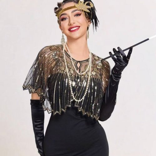 Imagen de 1 Uds. Chal elegante con flecos y lentejuelas Vintage de los años 20 para mujer, capa con cuentas adecuada para fiesta Formal, boda, noche de Harem