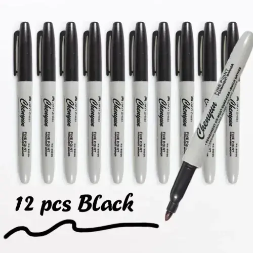 Image de Marqueurs Permanents Noirs Pointe Fine - 12 pcs