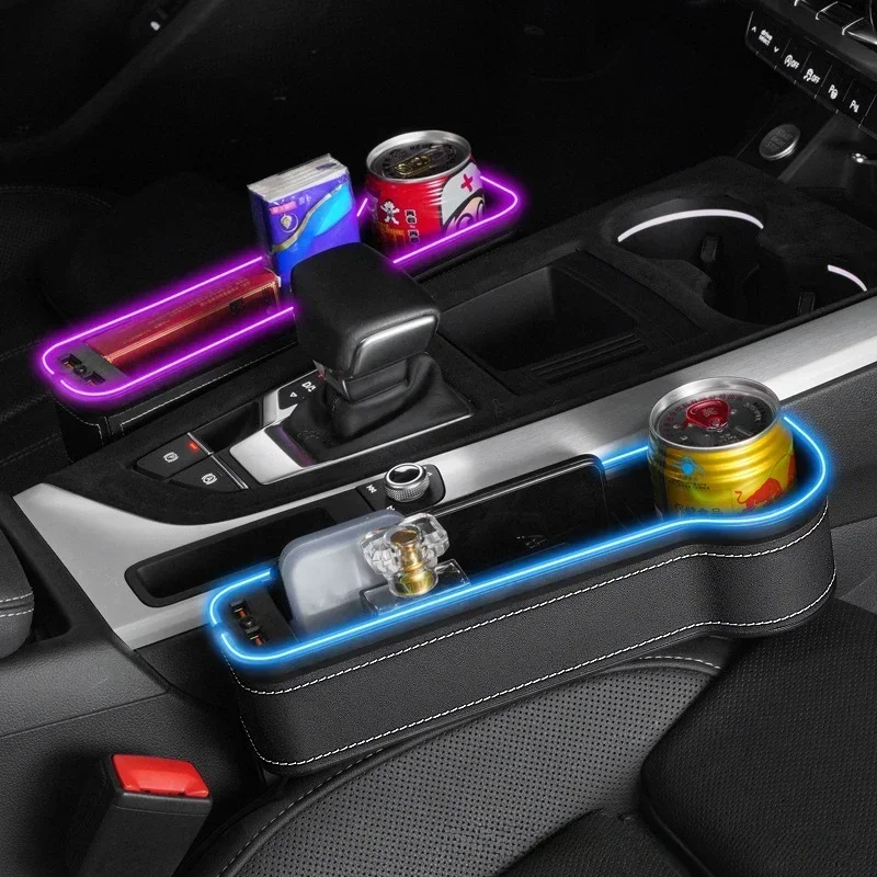 Image of Car Seat Gap Organizer with Dual USB Charger, Colorful LED Light, and Multi-Functional Storage Pocket for Phones, Bottles, Cards, and Cups