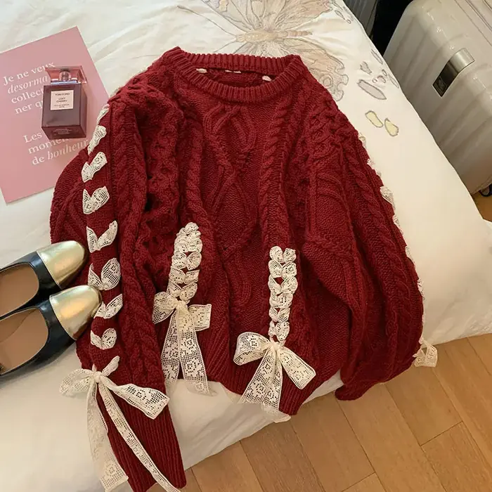 Image de Pulls à Lacets Chics pour Femmes - Rouge Automne Hiver