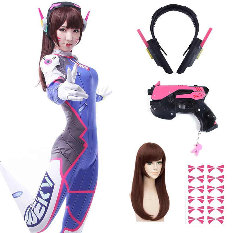 Zdjęcie Anime kobieta kombinezon rajstopy Dva przebranie na karnawał gra Zentai peruka rekwizyty do Cosplay słuchawki garnitur D.Va Cos Party kostiumy na Halloween